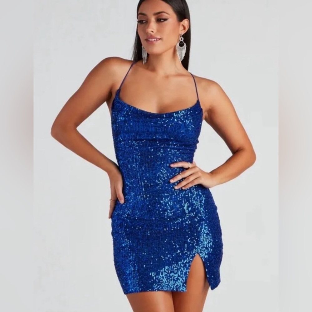 Blue Sequin Mini Spaghetti Strap Dress